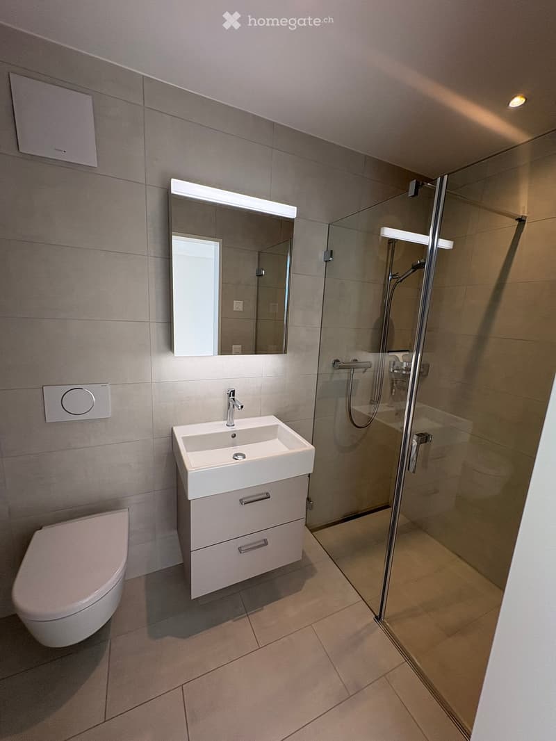 Modern bathroom with a white toilet, a sink with a modern faucet, a large mirror with built-in lighting, and a glass-enclosed shower area.