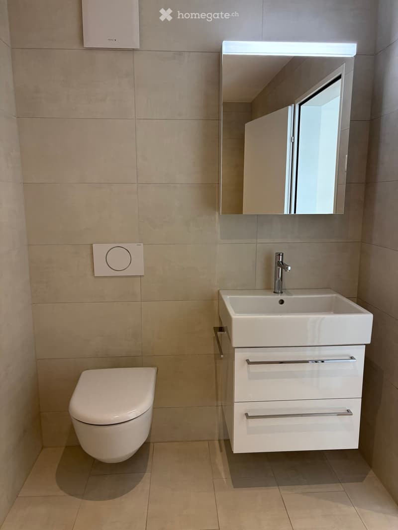 Modern bathroom with beige tiles, a toilet, a sink with a modern faucet, a mirrored cabinet, and a built-in storage cabinet below the sink.