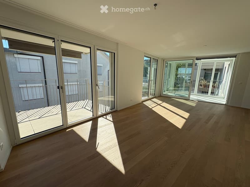 Bright, empty room with wooden flooring and large sliding glass doors leading to a balcony. Sunlight streams in, casting shadows on the floor.