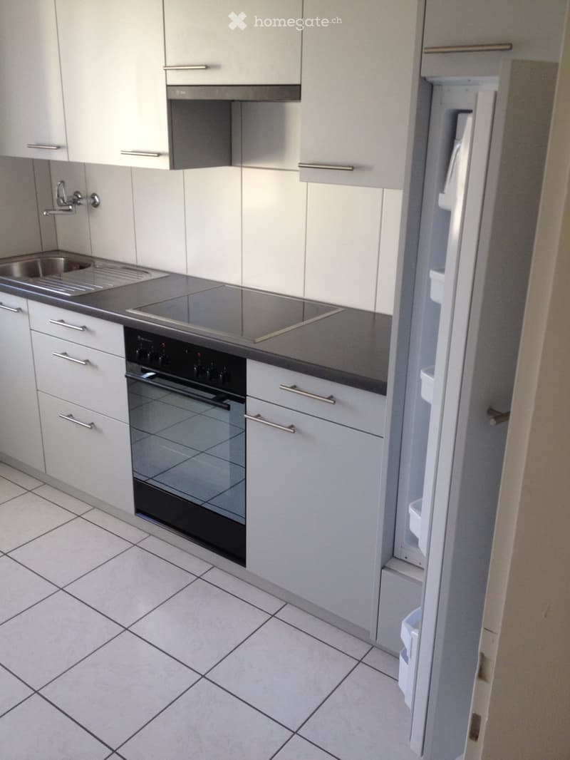 Modern kitchen with white cabinets, stainless steel sink, oven, and refrigerator. The floor is tiled, and the walls are tiled as well.