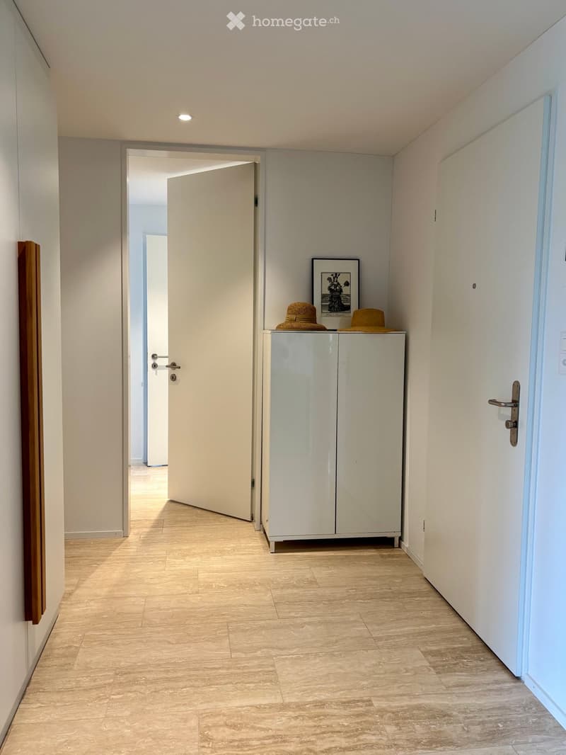 A narrow hallway with light wooden flooring, white walls, and a small white cabinet with two hats and a framed picture on top. The hallway has several doors and a recessed ceiling light.