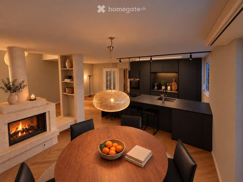 Modern open-plan living and dining area with a central round wooden dining table, black leather chairs, a built-in fireplace, a kitchen island with bar stools, and sleek dark cabinets.