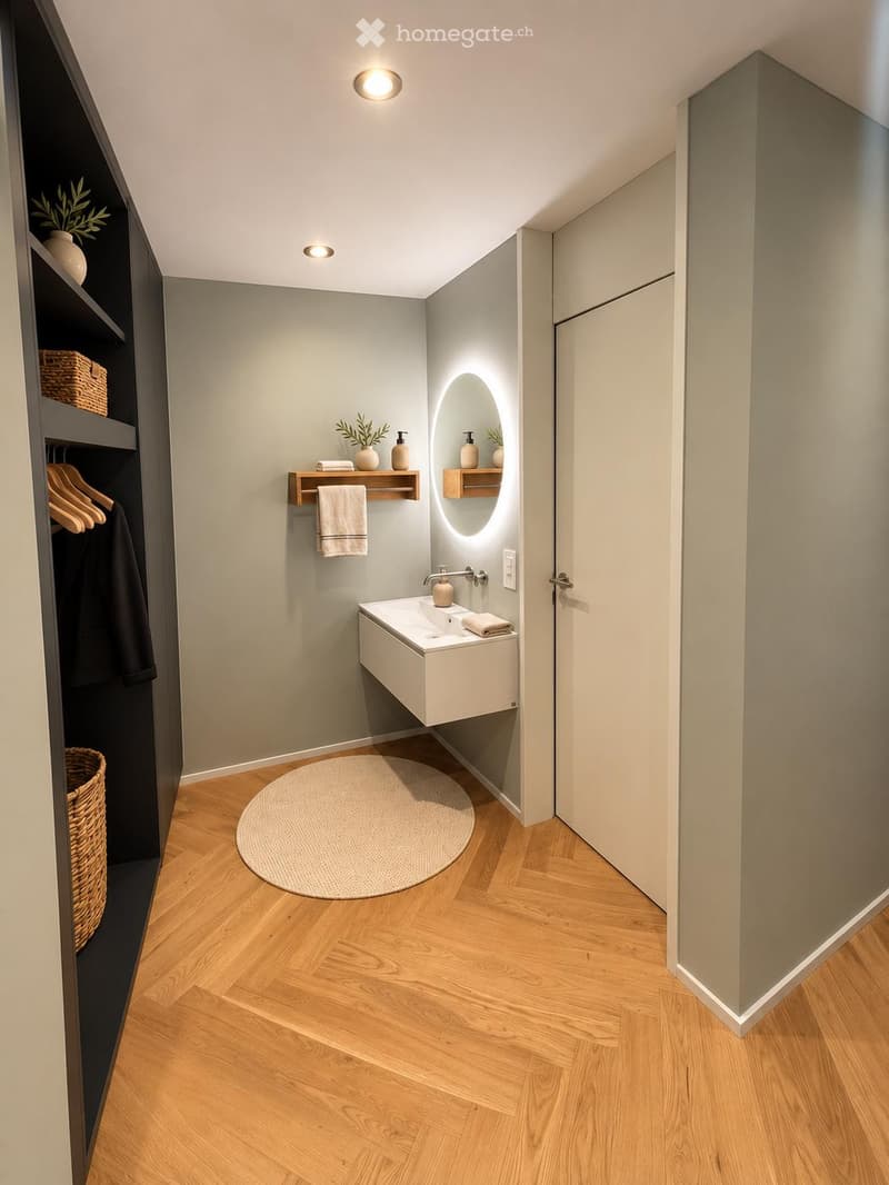 Modern bathroom with a floating sink, round rug, built-in shelves, and a sleek mirror with ambient lighting.