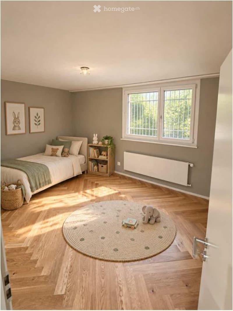 Cozy children's bedroom with a single bed, nightstand, bookshelf, round rug, and decorative items.