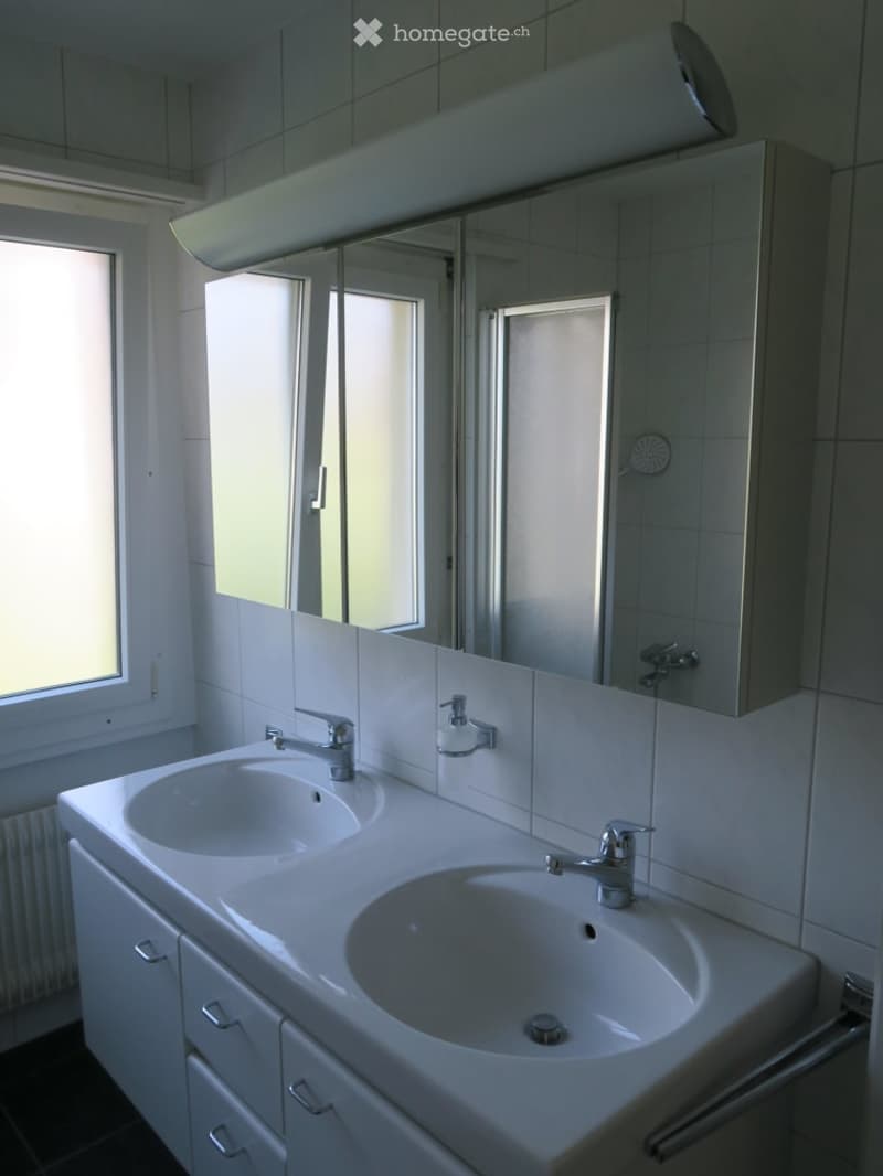 Modern bathroom with double sink, mirrored cabinet, and large window providing natural light.