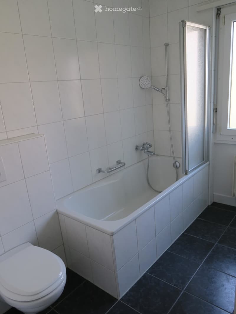 Modern bathroom with a white bathtub, toilet, and a glass-enclosed shower area. The walls and floor are tiled in white and dark gray respectively.