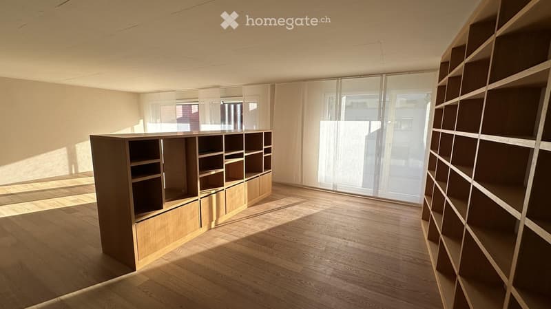 Bright, unfurnished room with wooden flooring, large glass windows, and built-in wooden shelves and cabinets.
