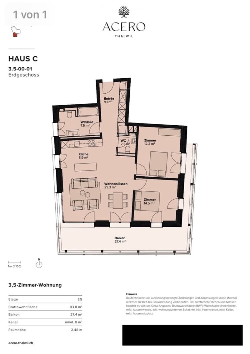 Floor plan of a 3.5-room apartment on the ground floor, including entrance, kitchen, living/dining area, two bedrooms, two bathrooms, and a balcony.