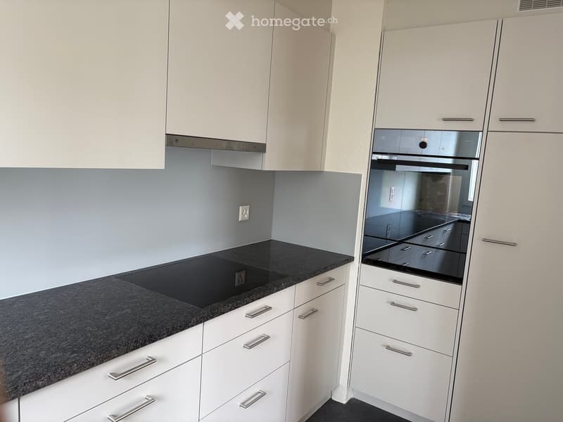 Modern kitchen with white cabinets, black granite countertop, and built-in oven.