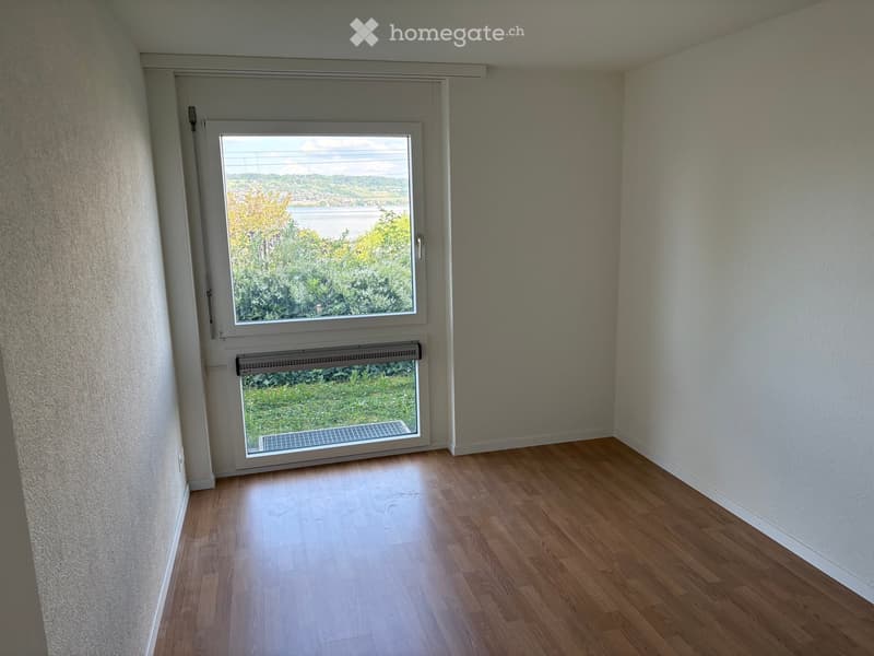 Empty room with wooden flooring, white walls, and a large window offering a scenic view of a river and greenery.