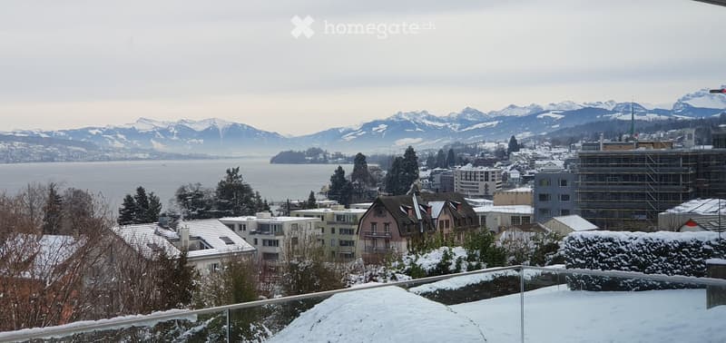 Panoramic view from a balcony showing a town with houses, a lake, and snow-capped mountains in the background.