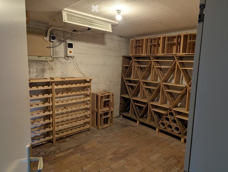 Empty storage room with wooden shelving units and concrete walls.