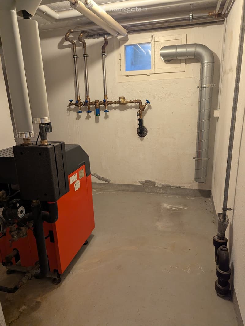 Utility room with heating system, water tank, pipes, and valves. Bare concrete floor and white walls.