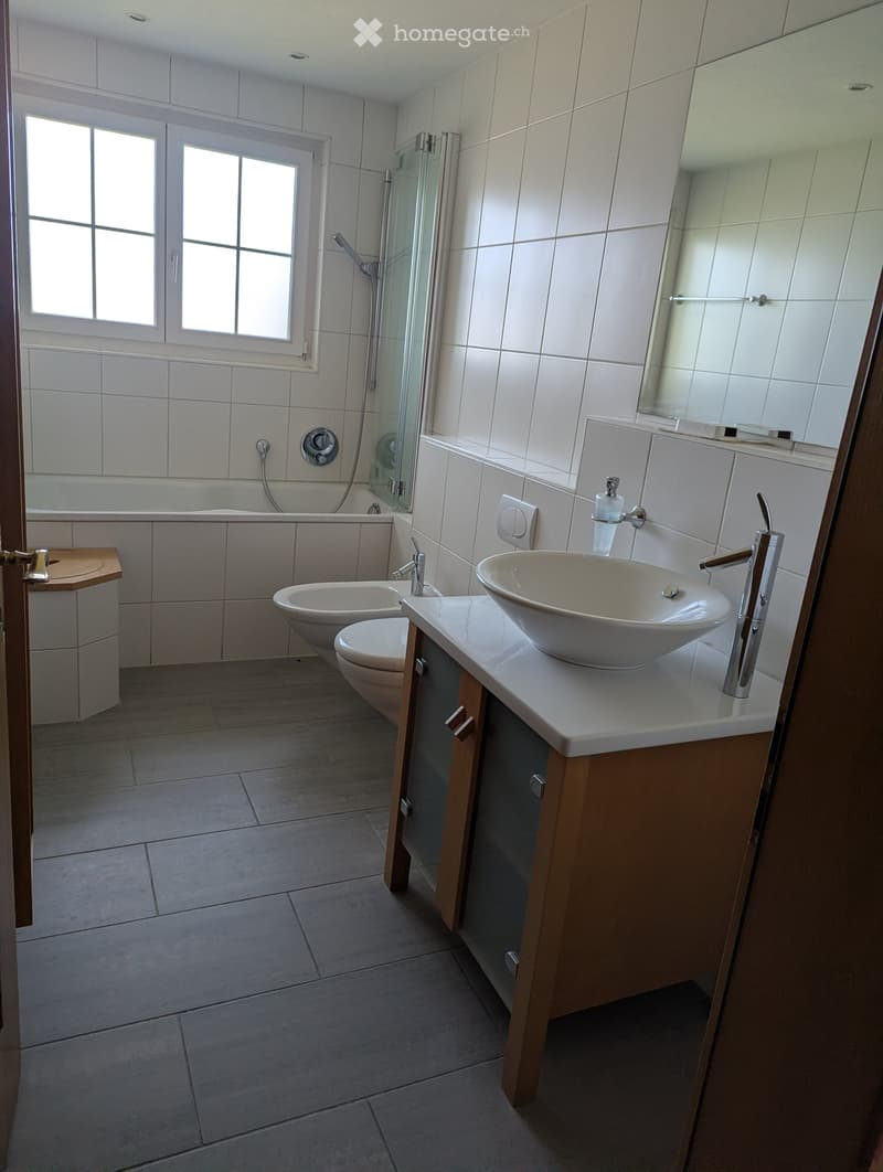 Modern bathroom with white tiles, a large sink with a modern faucet, a toilet, a bathtub with a glass shower enclosure, and a mirror above the sink.