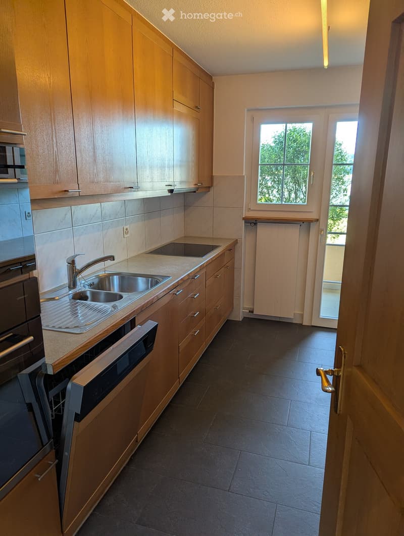 Modern kitchen with light wooden cabinets, stainless steel sink, oven, and dishwasher. Features a window with a view of greenery.