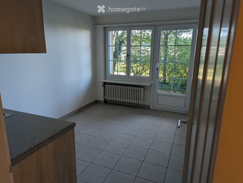 Empty room with tiled floor, white walls, large window with view of greenery, radiator, and a wooden cabinet partially visible.