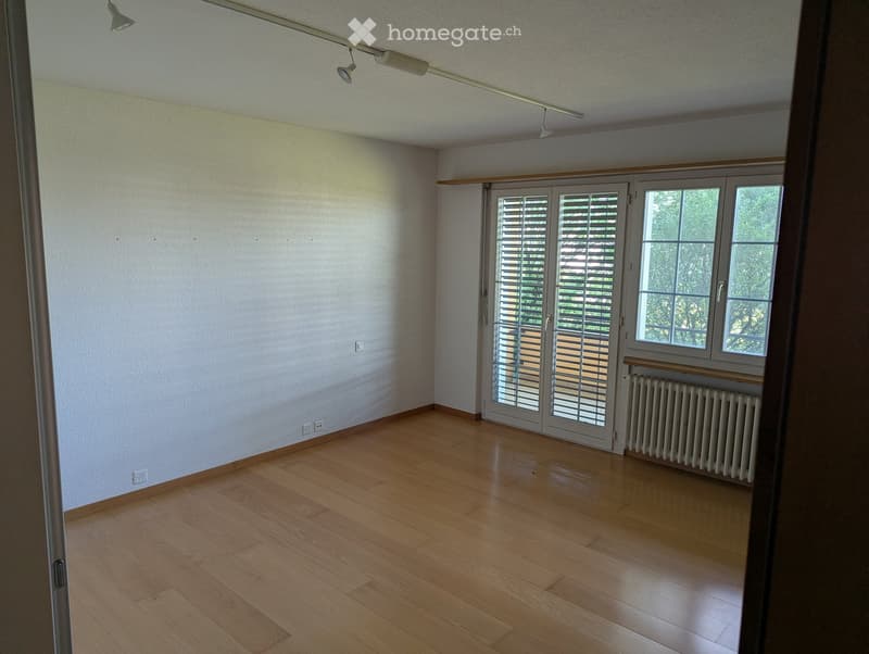 Empty room with wooden flooring, white walls, large windows with shutters, radiator, and recessed lighting.