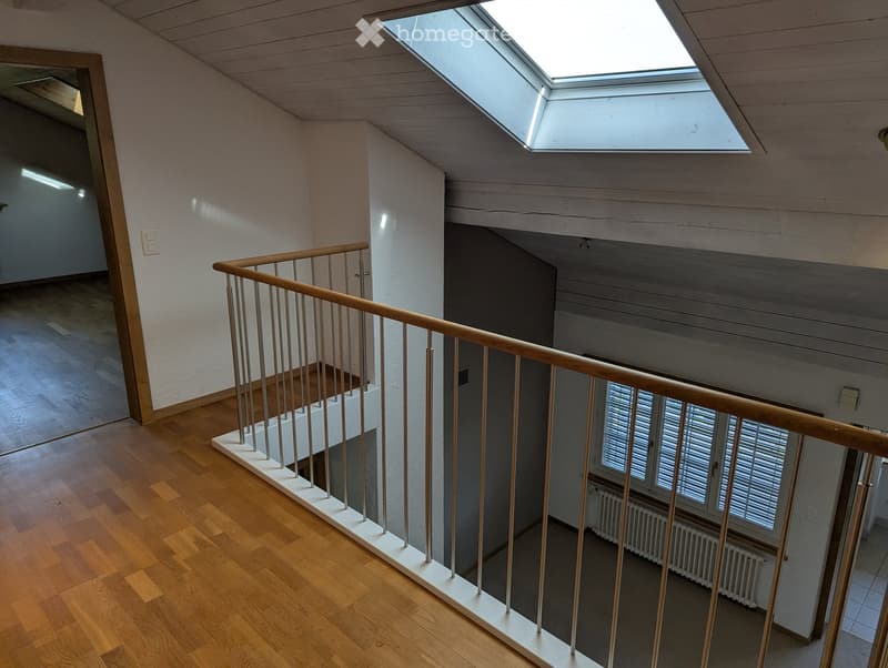 Spacious hallway with wooden flooring, white walls, and a modern staircase featuring a wooden handrail and metal balusters. A skylight provides natural light, and a radiator is visible in the adjacent room.