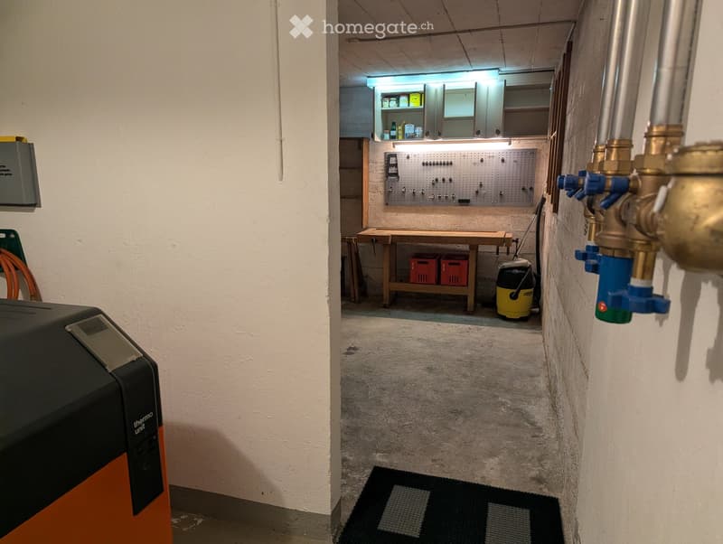 A narrow hallway leads to a utility area with a workbench, storage cabinets, and tools. A black and orange heating unit is visible on the left side.