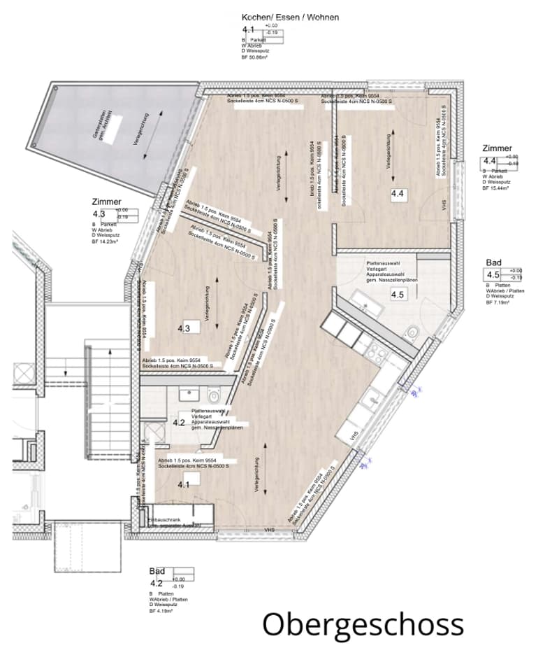 Floor plan of the upper floor showing kitchen/dining/living area, four bedrooms, two bathrooms, and a separate laundry/utility area.
