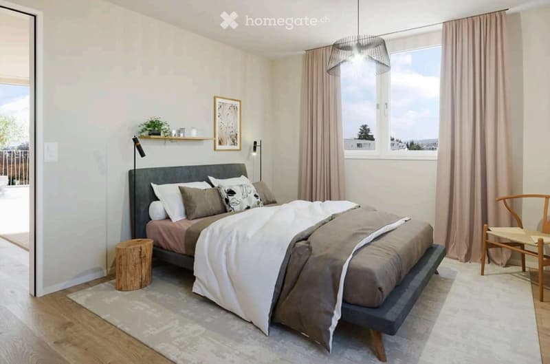 Modern bedroom with a large bed, wooden chair, table lamp, picture frame, shelf, and wooden stool. The room features light-colored curtains and a view of the city.
