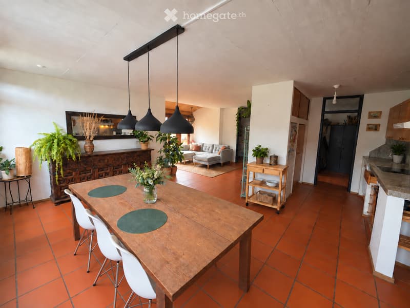 Open-plan living and dining area with orange tiled flooring, a long wooden dining table with white chairs, a grey sofa, pendant lamps, and several potted plants.