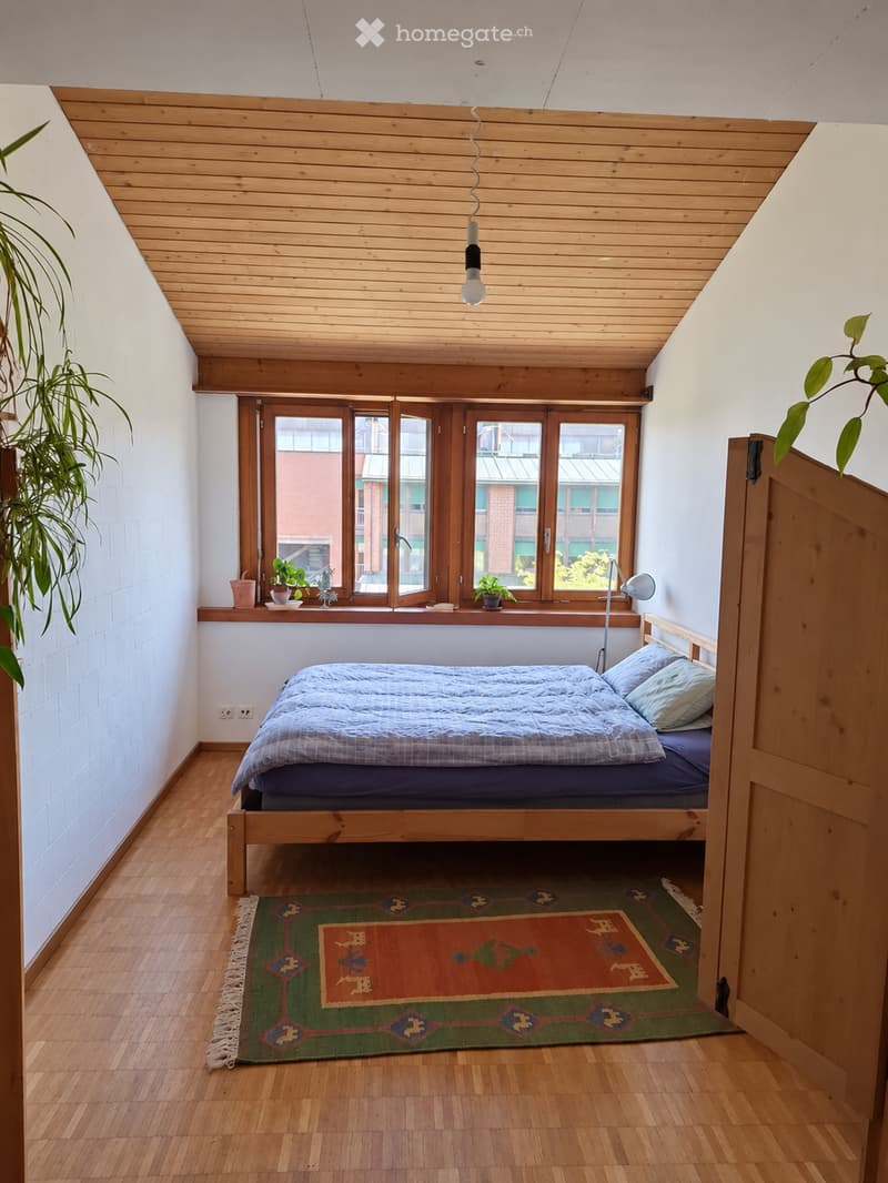 Cozy bedroom with wooden bed, patterned rug, potted plants on windowsill, and modern lighting.
