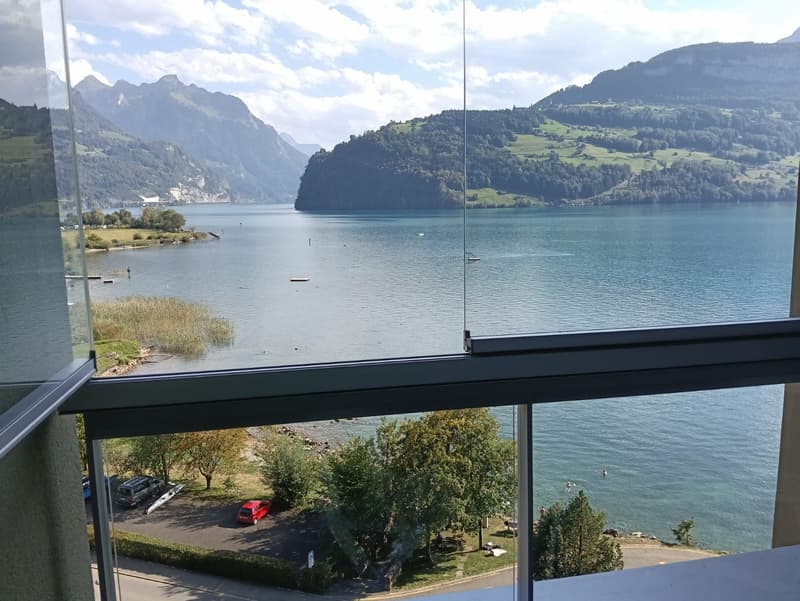 Panoramic view of a lake and surrounding mountains from a large window or balcony, with a parking area and trees visible below.