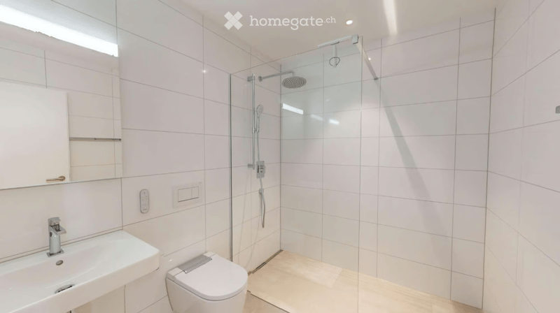 Modern bathroom with white tiles, a glass-enclosed shower, a toilet, a sink, and a mirror.