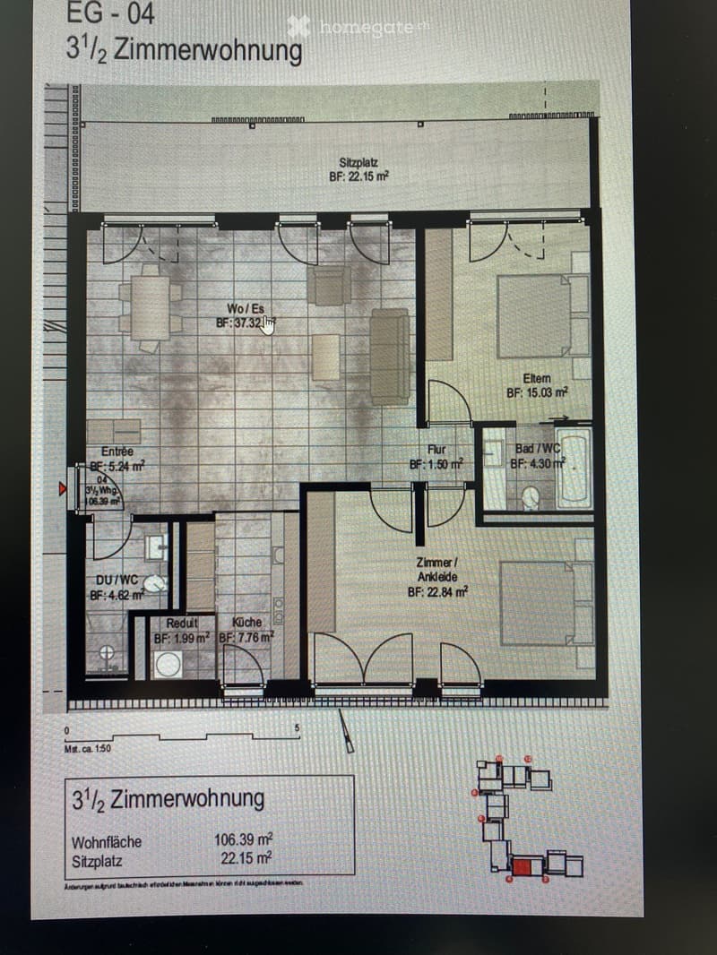 Floor plan of a 3.5-room apartment with labeled rooms including living/dining area, bedroom, bathroom, hallway, kitchen, and entrance.