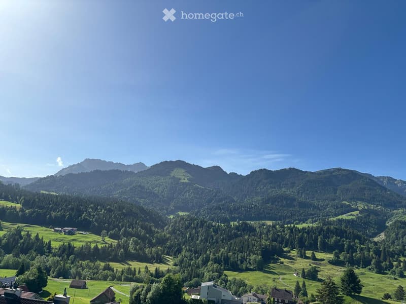 A panoramic view of a lush green valley surrounded by dense forests and mountains under a clear blue sky. The valley features scattered houses and buildings nestled among the trees, with rolling hills and open fields visible in the foreground.