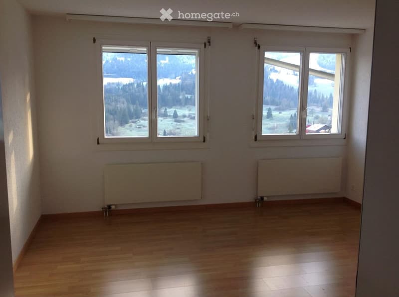 Empty room with wooden flooring, large windows offering a scenic view, and radiators on the walls.