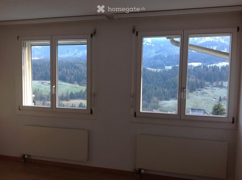 Empty room with large windows offering scenic mountain views, radiators, and neutral-colored walls.