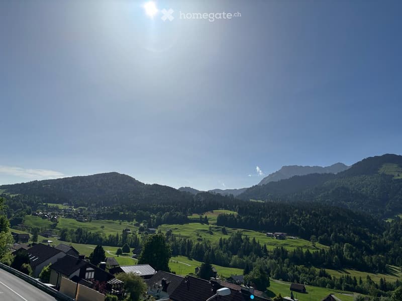 A panoramic view of a lush green valley surrounded by forested mountains, with scattered houses and a winding road in the foreground.