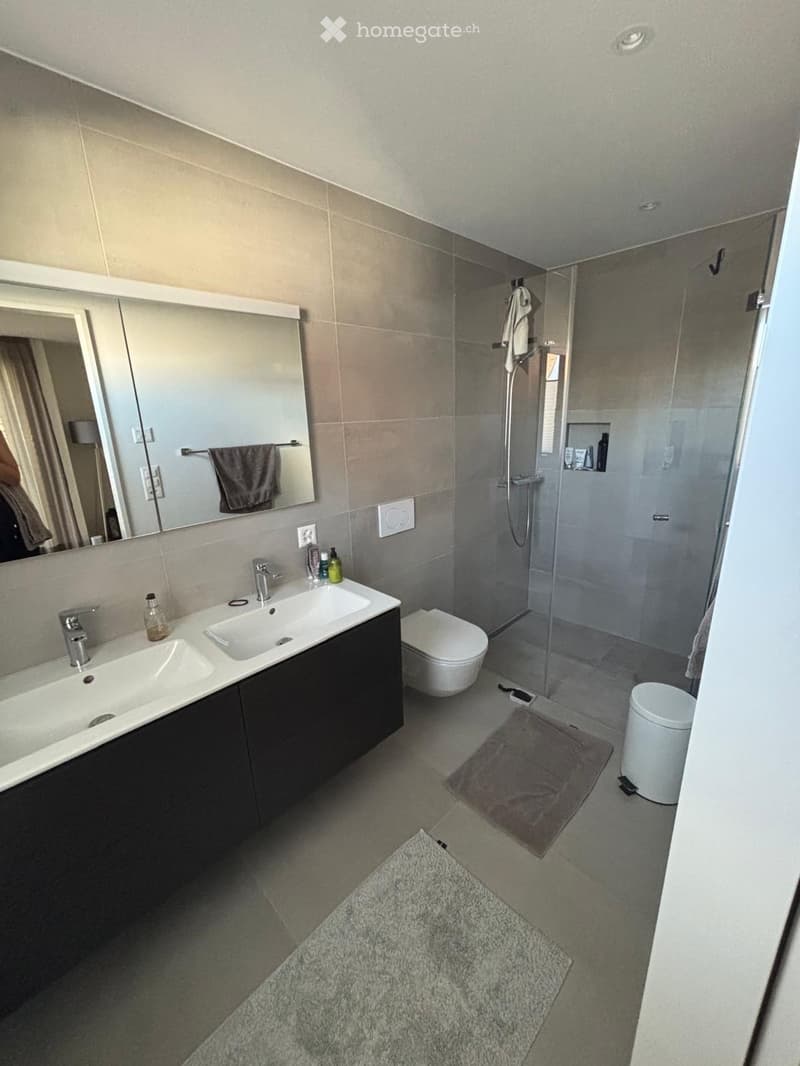 Modern bathroom with double sink, toilet, shower, and mirror. Includes towels and bathmats.