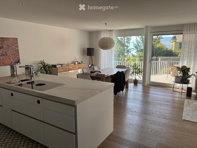 Modern kitchen with a central island, integrated sink and stove, grey cabinets, dining area with a table and chairs, pendant light, floor lamp, artwork, and plants. Large windows and sliding doors lead to a balcony.