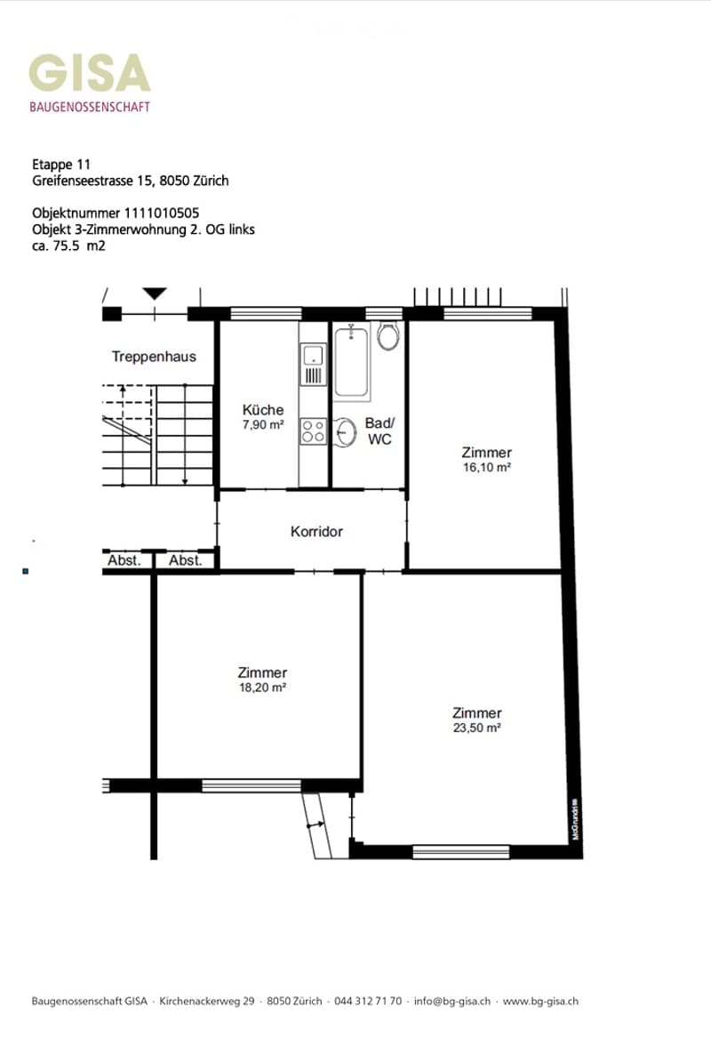 Floor plan of a 3-room apartment on the 2nd floor, including a kitchen, bathroom/WC, three bedrooms, hallway, and staircase.