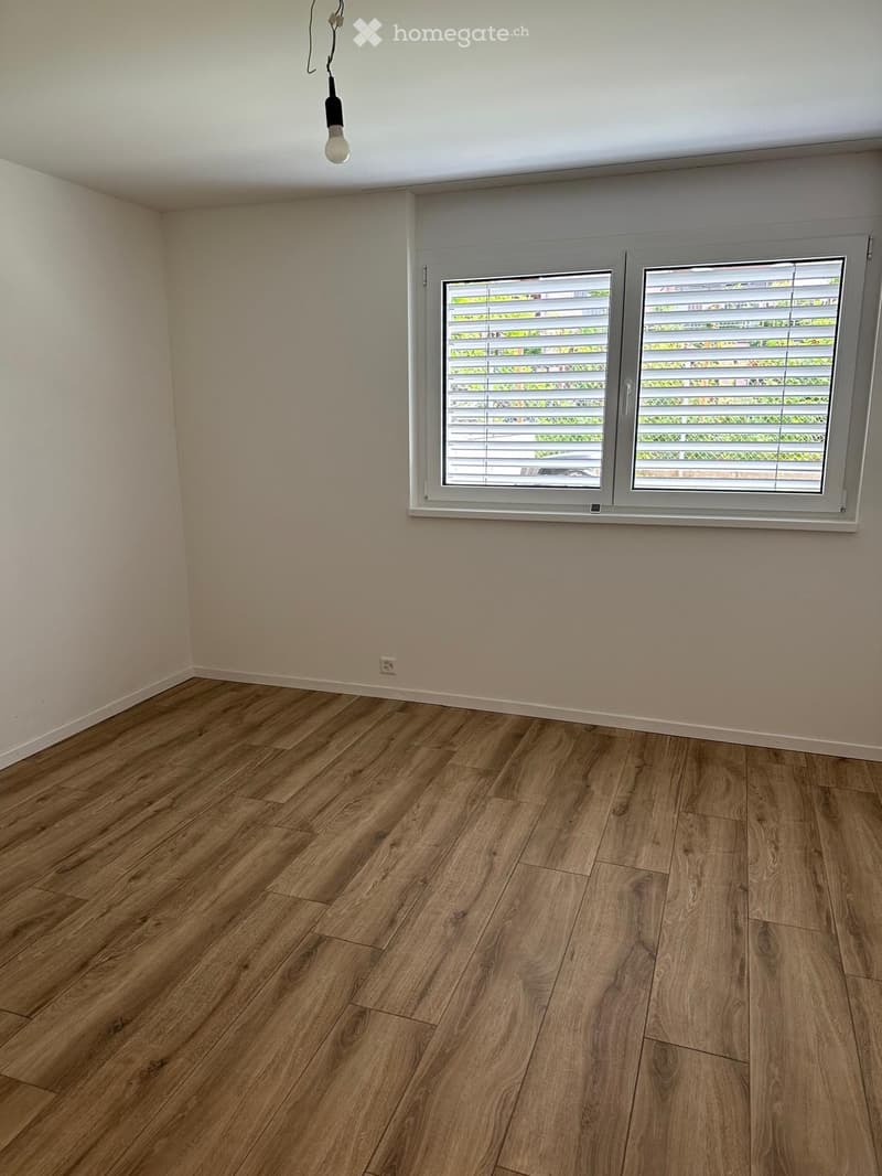 Empty room with wooden flooring, white walls, and large windows with blinds. A single light fixture hangs from the ceiling.