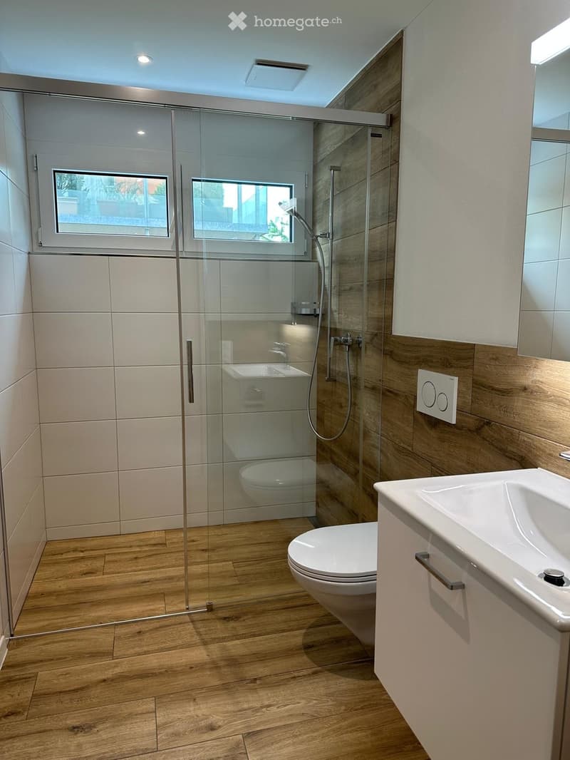Modern bathroom with wooden flooring, white tiles, a glass-enclosed shower, a toilet, and a sink with a mirror.