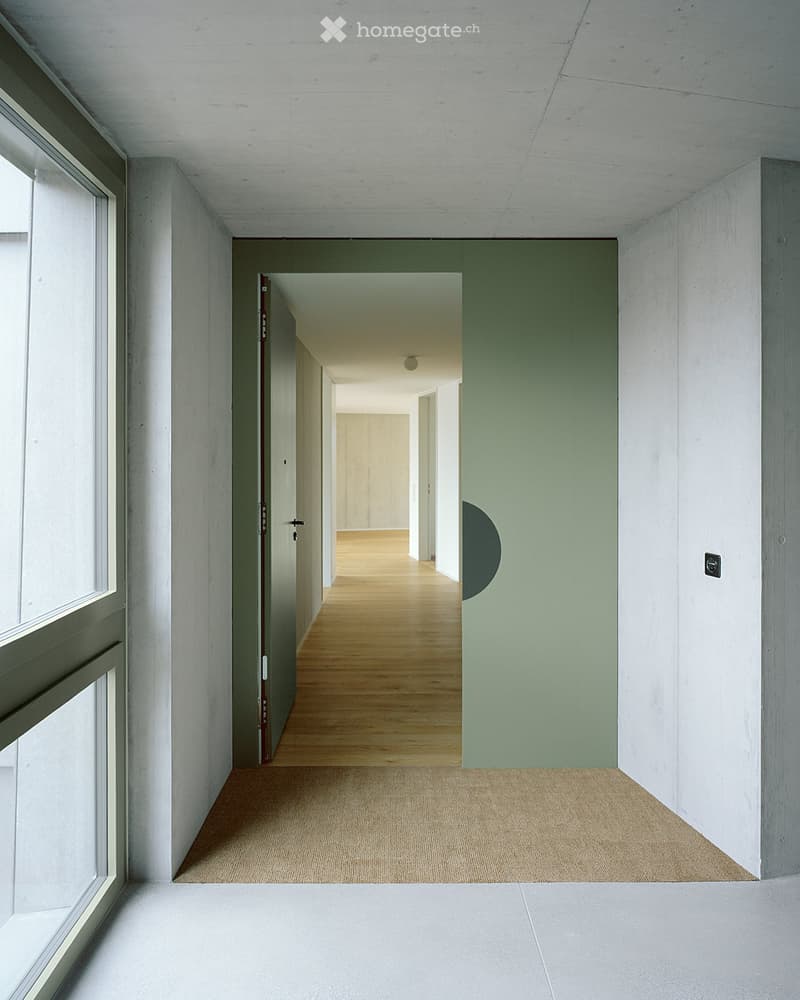 Modern hallway with white walls, wooden flooring, and large windows allowing natural light. Features a green accent wall and a carpeted section leading to another room.
