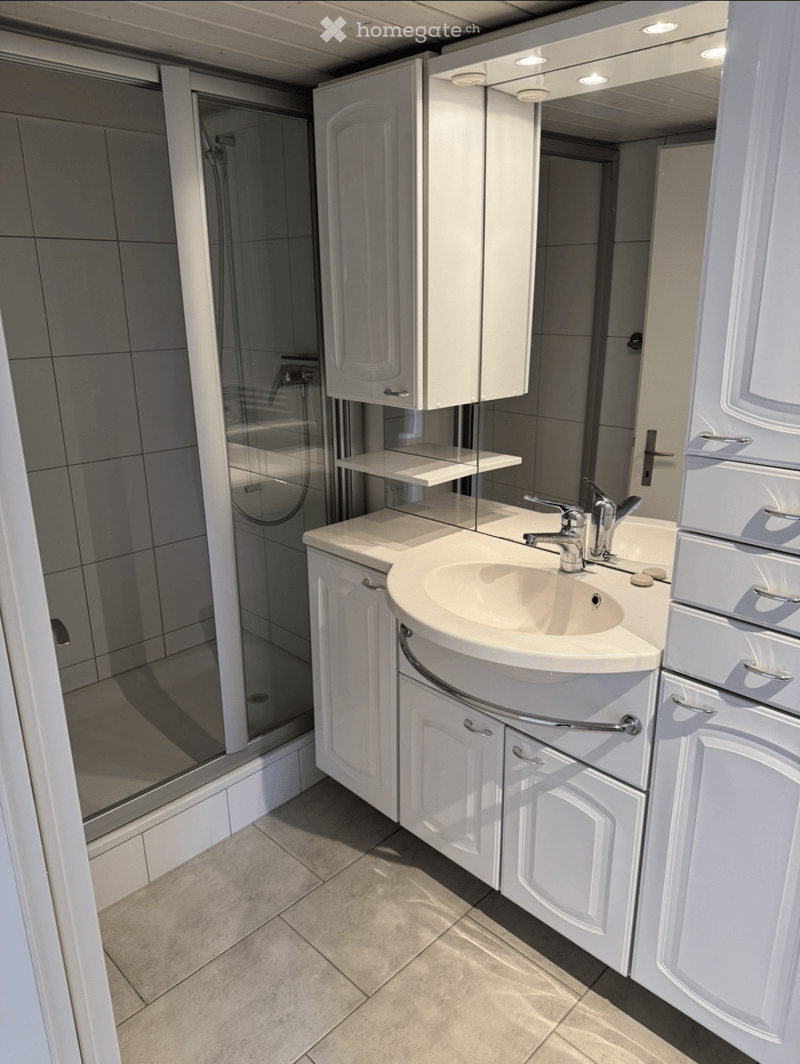 Modern bathroom with white cabinets, a sink, a mirror, and a glass-enclosed shower area.