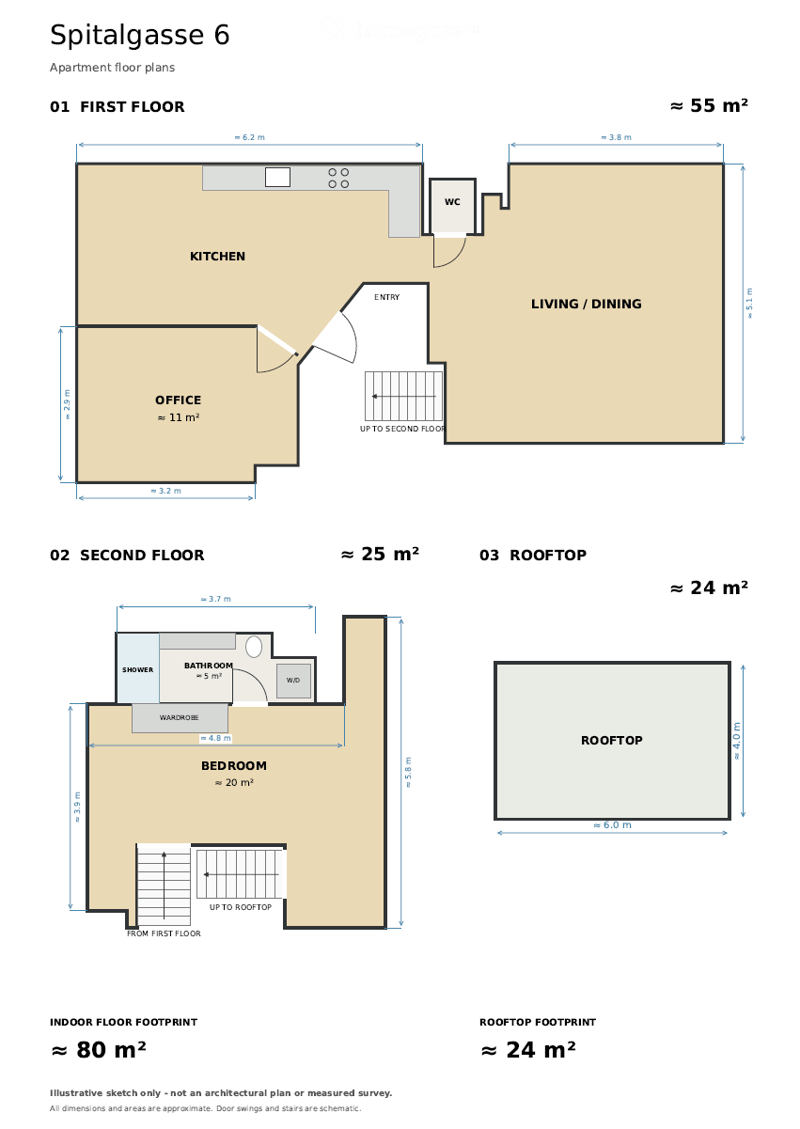 Floor plan of a 55 m² first floor apartment with kitchen, living/dining area, office, and WC. Second floor includes bedroom, bathroom, and wardrobe. Rooftop area is 24 m².