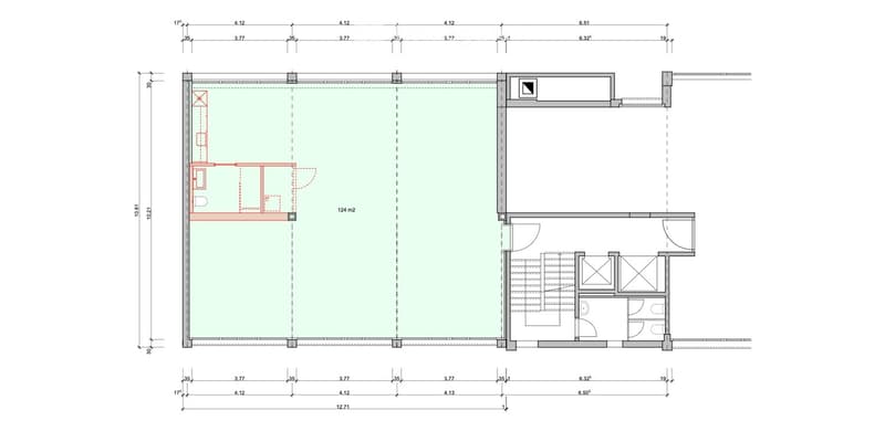 Floor plan of a residential space featuring a large living area, a smaller room (possibly a bedroom or study), a bathroom, and a staircase leading to an upper level.