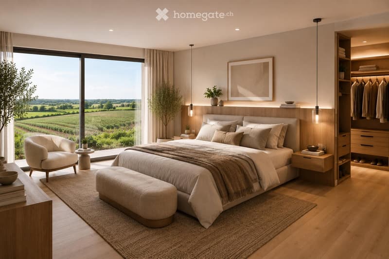 Modern bedroom with large windows offering a scenic view, featuring a large bed with pillows and blankets, a wooden nightstand, a hanging pendant light, a wardrobe, a small round table, a comfortable armchair, and decorative plants.