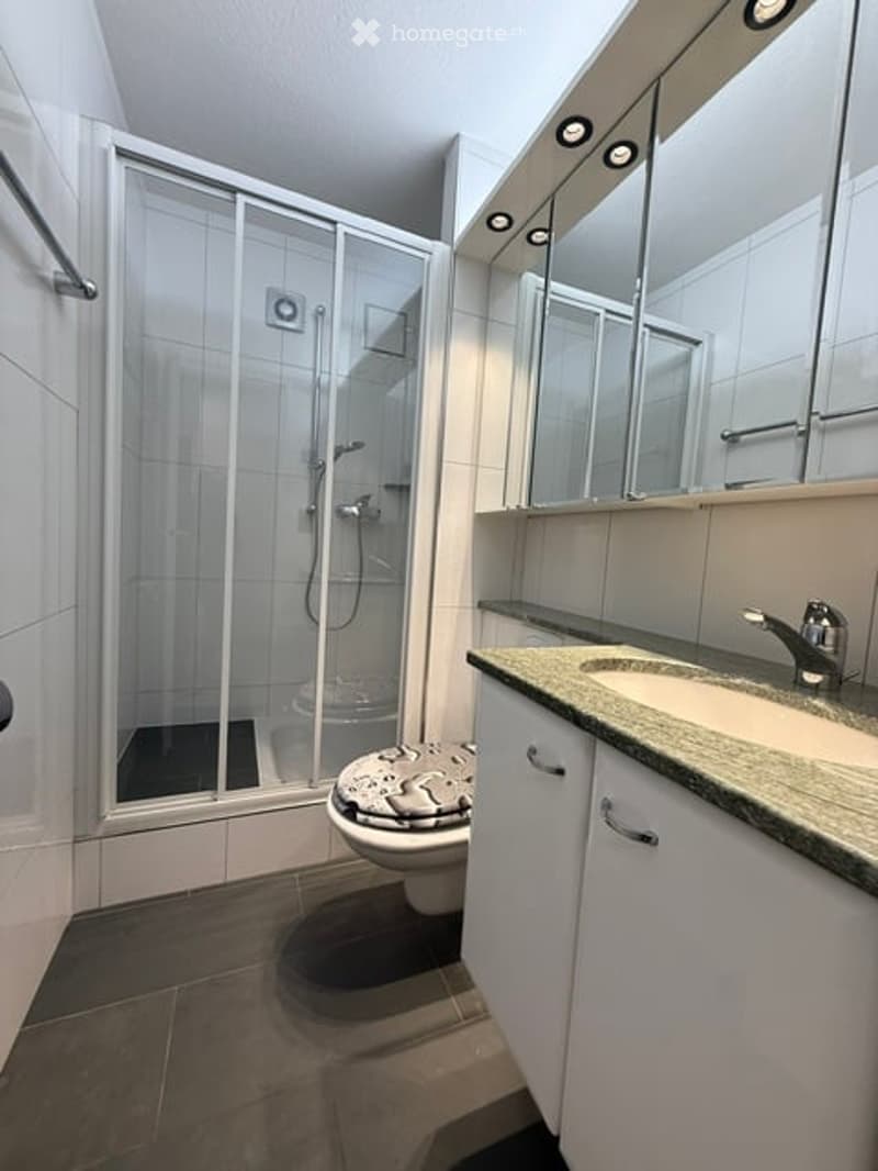 Modern bathroom with white tiles, a glass-enclosed shower, a toilet with a patterned seat cover, a sink with a modern faucet, and a large mirror above the sink.