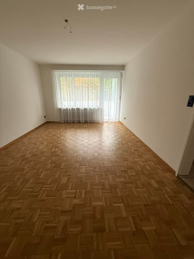 Empty room with wooden parquet flooring, white walls, large window with white curtains, and a radiator below the window.