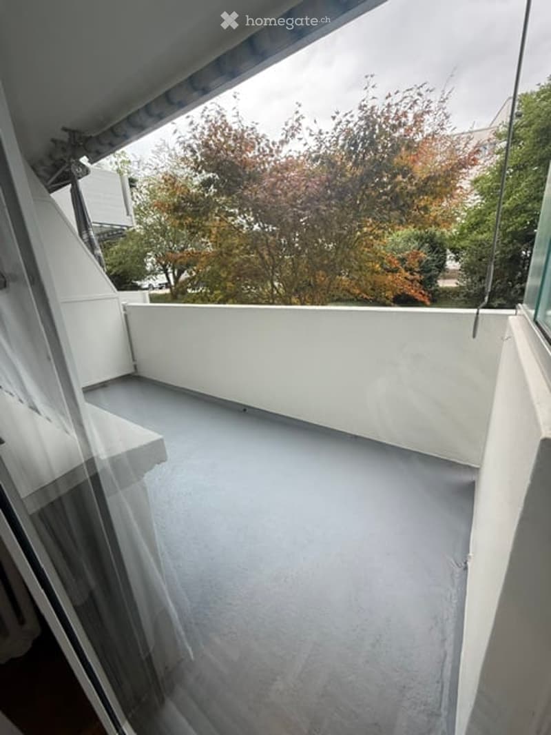 Spacious balcony with white railings, grey flooring, and a view of trees and buildings.