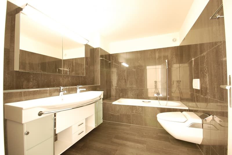 Modern bathroom with dark brown tiles, white sink, bathtub, toilet, and large mirror.