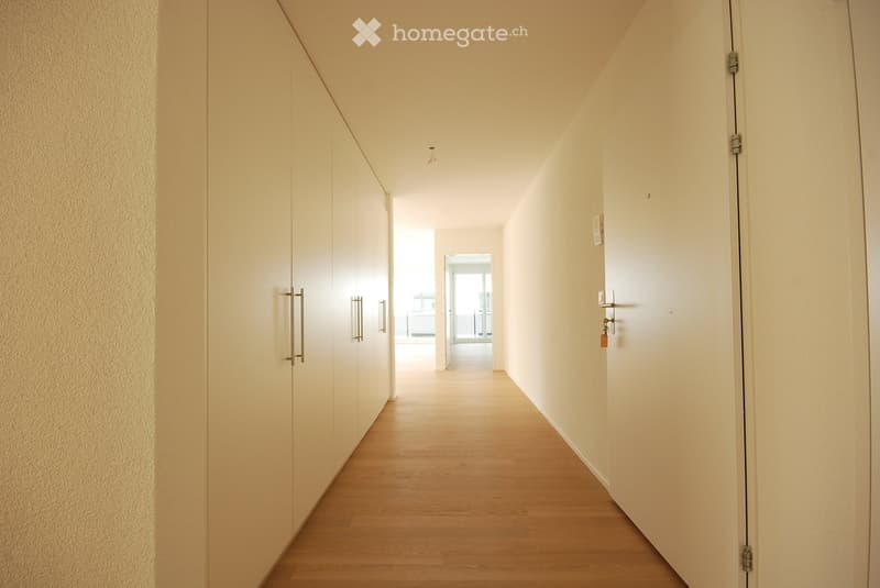 A clean, modern hallway with light wooden flooring, white walls, built-in storage units with silver handles, and a door leading to a balcony or outdoor area.
