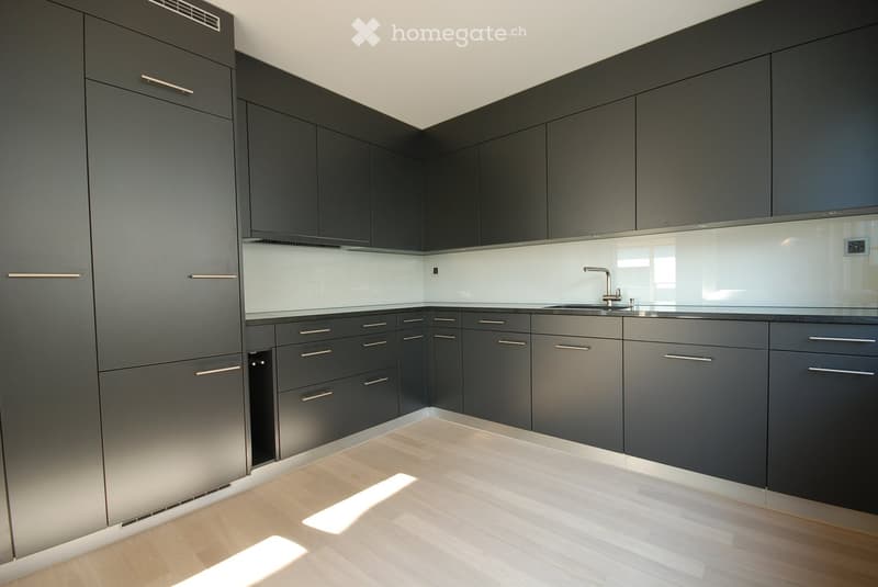 Modern kitchen with dark grey cabinets, light wooden flooring, and a sleek sink with a modern faucet.